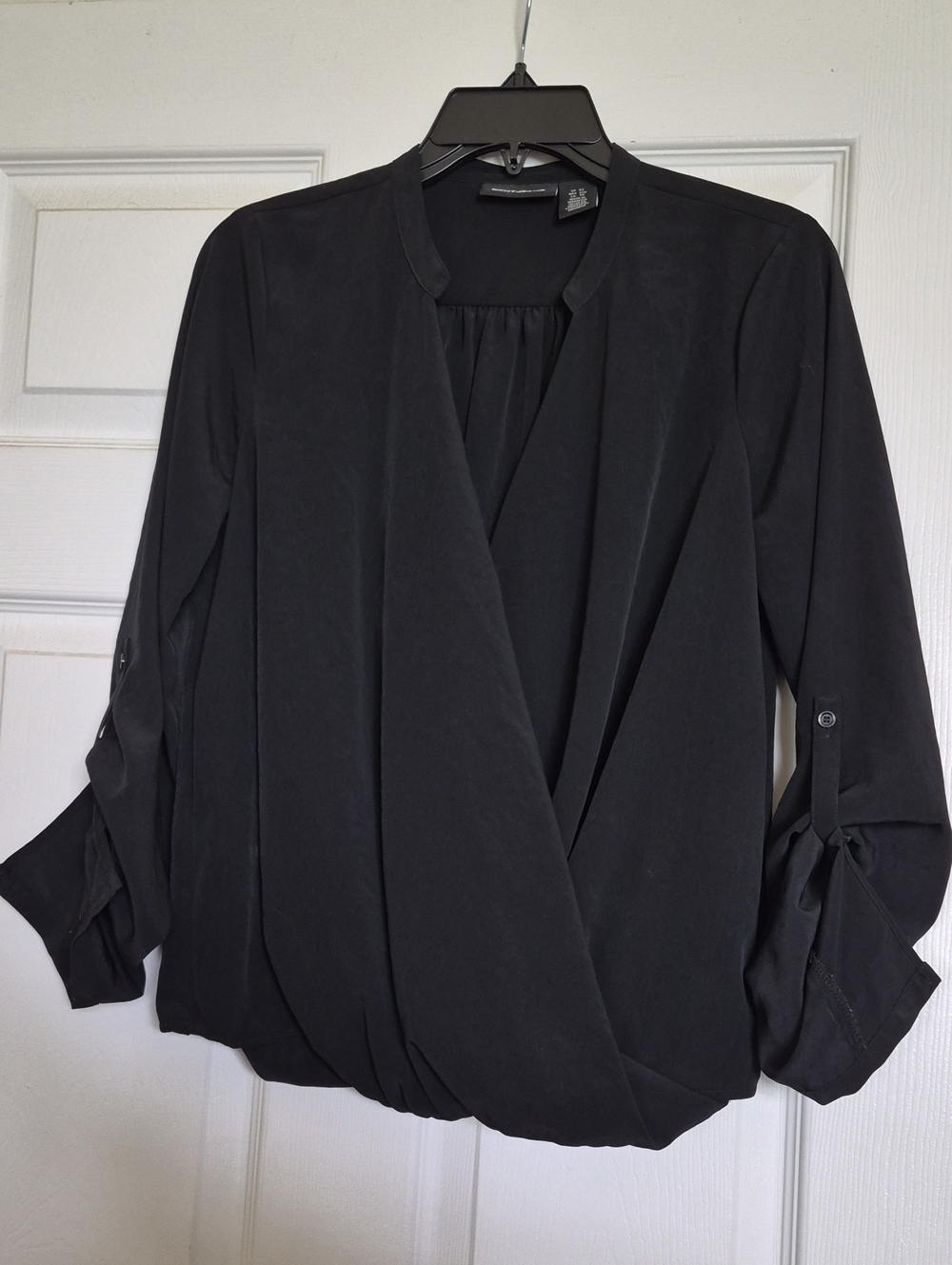 DKNY Black Faux-Wrap Blouse with Roll-Tab Sleeves